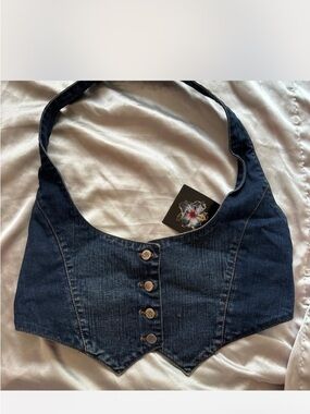 Dark Wash Denim Button-Front Halter Top